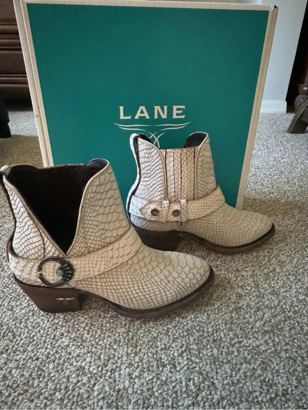 Lane Cream Snake-Embossed Leather Ankle Boots